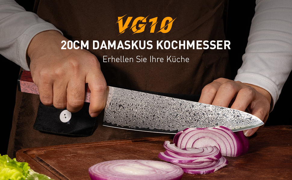 Ніж кухарський FUJUNI Damast Profeсійний 20 см з лезом з 67 шарів VG10 Дамаск, дерев'яна ручка, подарункова коробка