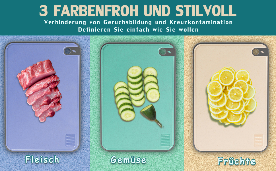 Набір з 3 дерев'яних обробних дощок для кухні, великі, антибактеріальні, з канавкою для соку, стійкі до ковзання, для овочів/фруктів/м'яса, бежевого, зеленого та темно-синього кольорів