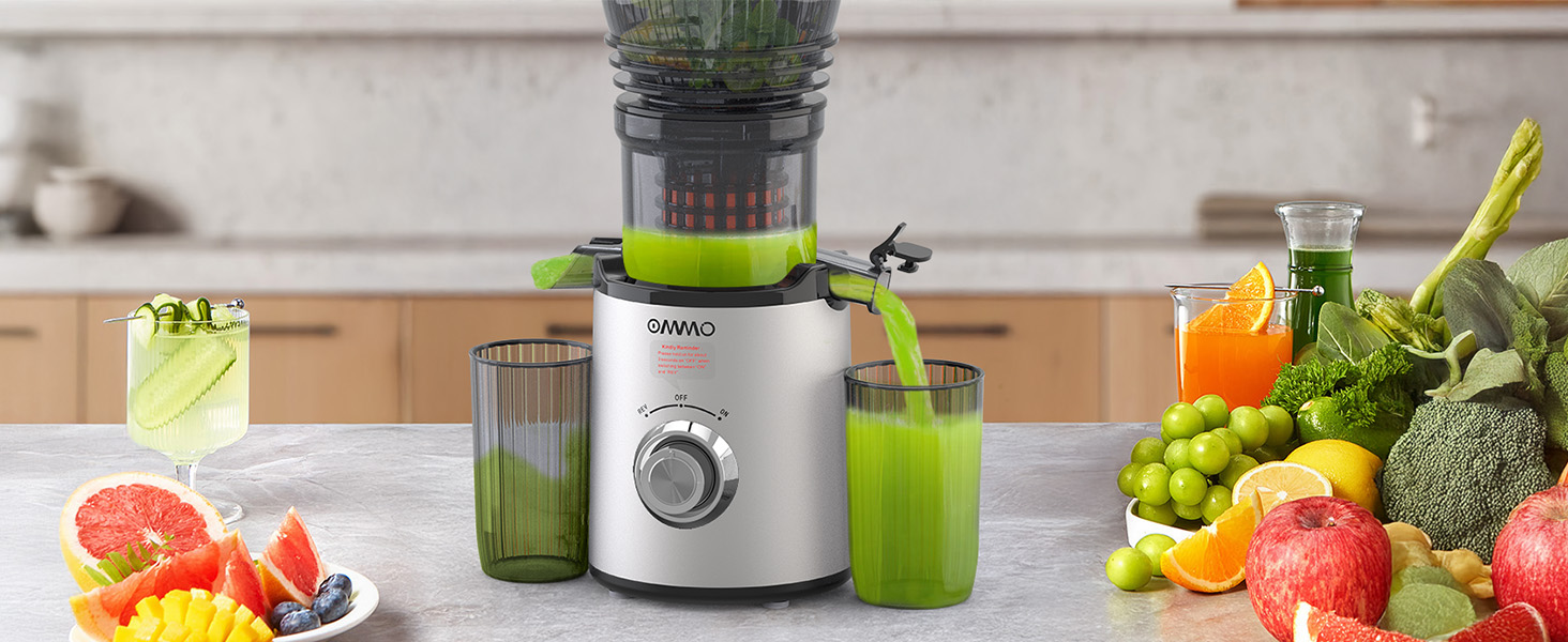 Шнекова соковижималка OMMO Slow Juicer для овочів та фруктів, 300 Вт, срібляста