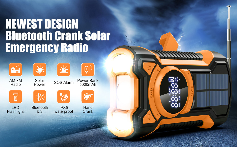 Радіо на сонячній батареї з ручкою, 5000mAh, Bluetooth, USB, FM/AM, SOS-сигнал, ліхтарик, IPX5, для кемпінгу та надзвичайних ситуацій