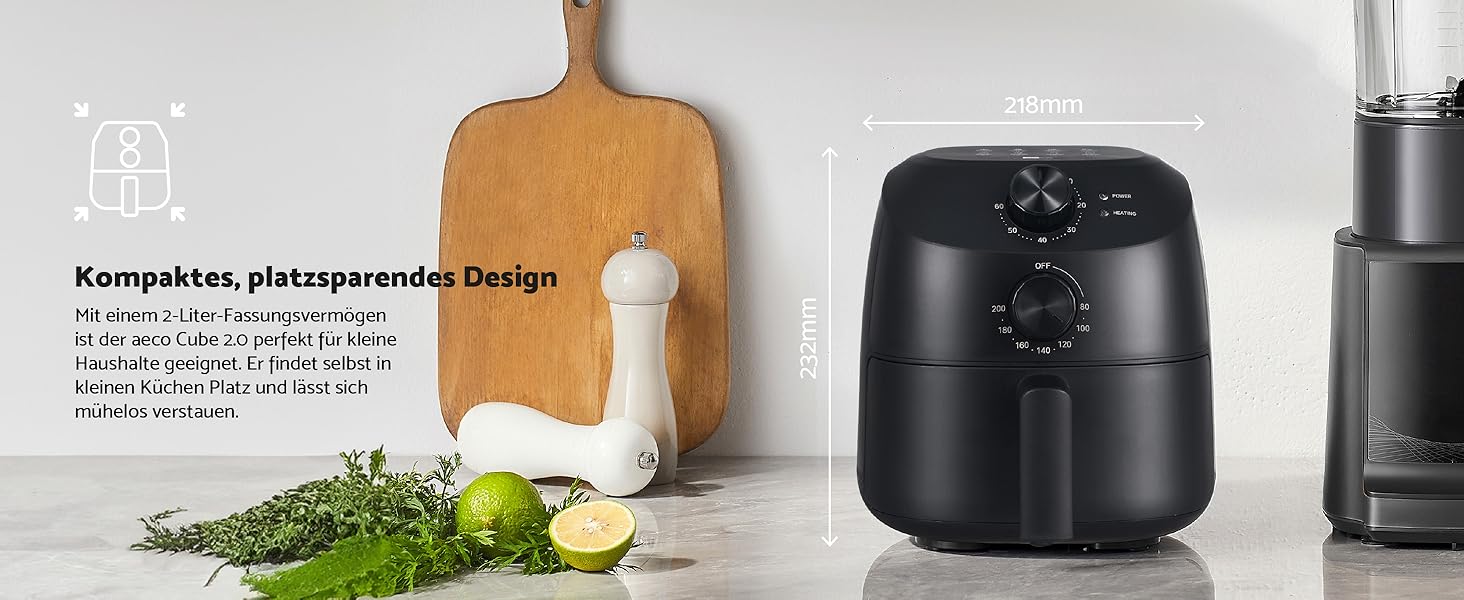 Фритюрниця Aeco Cube 2.0 Mini – компактна, 2 літри, без BPA, таймер 60 хв, антипригарне покриття, 80% менше олії, енергоефективна, з автовимкненням