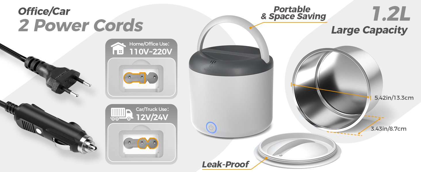 Електрична ланчбокс 80W для дорослих з термосумкою, нержавіюча сталь, виделка та ложка, 2 контейнери по 1.5л, 3-в-1, 12/24/110~230V, витокозахист, ланчбокс для авто, вантажівки, офісу (сірий, 1.2л, євро-штекер)