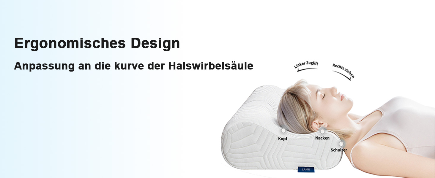 Ергономічна подушка для шиї LAMB з ефектом пам'яті (Memory Foam), ортопедична подушка для сну та підтримки шиї з антибактеріальним чохлом RUCO-BAC, 60x35x12/10 см, синя