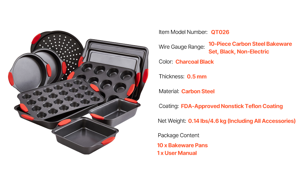 Набір для випічки VEVOR 10 шт. з антипригарним покриттям, з вуглецевої сталі, з силіконовими ручками. Підходить для кексів, печива, хліба та випічки в духовці.