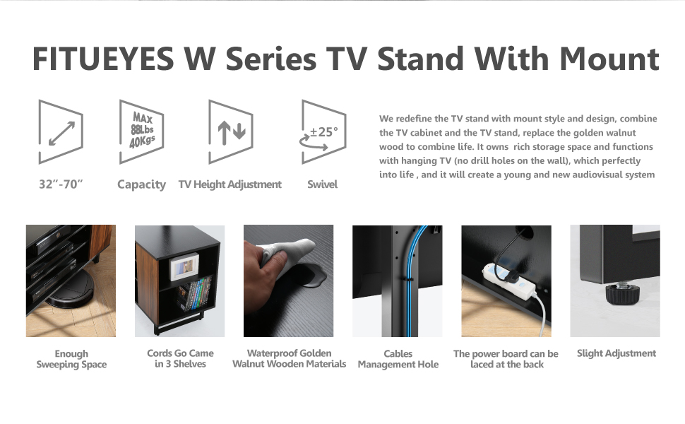 FITUEYES TV Stand with Mount - Wood TV Console for TVs 32-70 inch, Adjustable Height, Swivel ±25°, Up to 40kg, Max.VESA 600x400