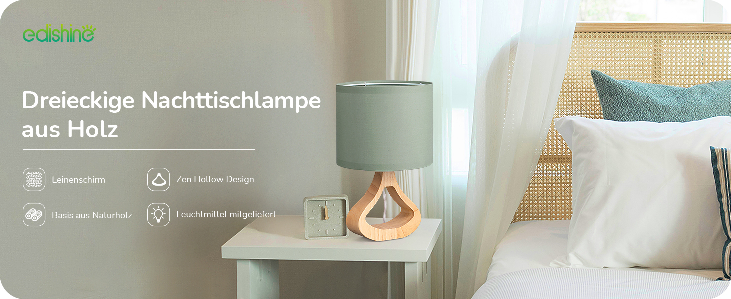 Дерев'яна настільна лампа EDISHINE з абажуром з льону, Е27, для вітальні, спальні, в стилі кантрі [Енергоклас F], колір: зелений льон