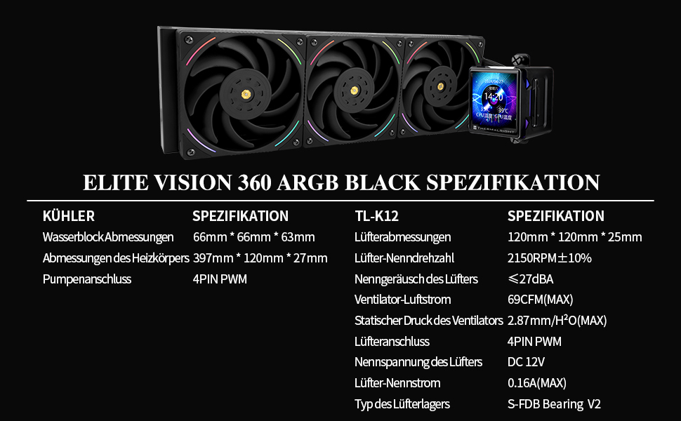 Thermalright Elite Vision 360 ARGB - Смарт-системa водяного охолодження CPU з IPS LCD-дисплеєм (320x320), для AM5/Intel 1700/1851, чорний