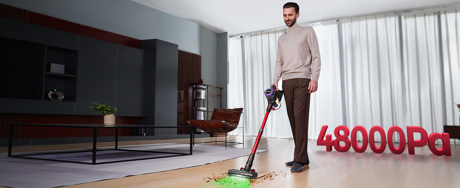 Бездротовий пилосос 48000Pa/550W з акумулятором, 70 хвилин роботи, об'єм 1.6л, 8-шарова фільтрація, тихий, з антизаплутуючим насадкою для твердих поверхонь, червоний, Rot 15 Ultra