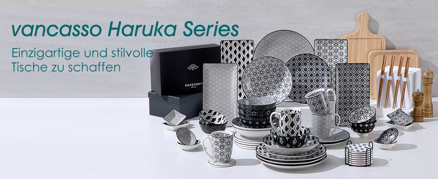 Набір тарілок Vancasso Haruka: 4 супові тарілки з порцеляни, Ø 21 см, 700 мл, чорний + кремовий