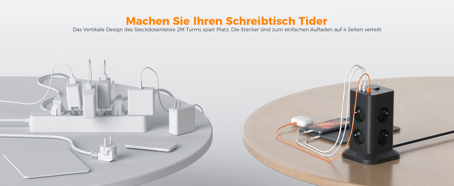 Блок розеток TESSAN з захистом від перенапруги 3600W 16A, 8 розеток, USB-C, подовжувач 2м, сірий