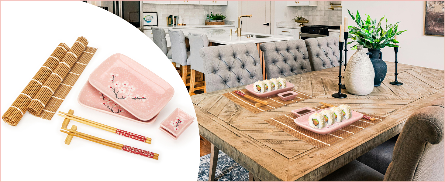 Набір для суші Exzact (10 шт.) – 2 тарілки, 2 миски для соусу, 2 підставки під столові прилади, 2 пари паличок для їжі – високоякісний фарфор, у подарунковій коробці – блакитний колір