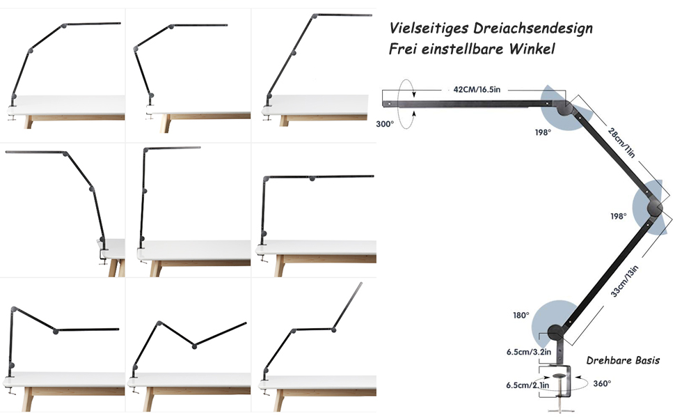 LED лампа EYOCEAN для столу з регульованою яскравістю та двома джерелами світла, архітекторська лампа для офісу, 15W, захист очей, кріпиться на стіл