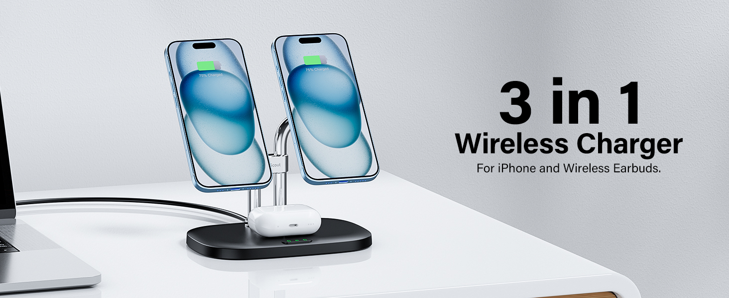 Бездротова зарядка SwanScout для iPhone 17/Air, AirPods Pro 3/2, 2 телефони, чорний