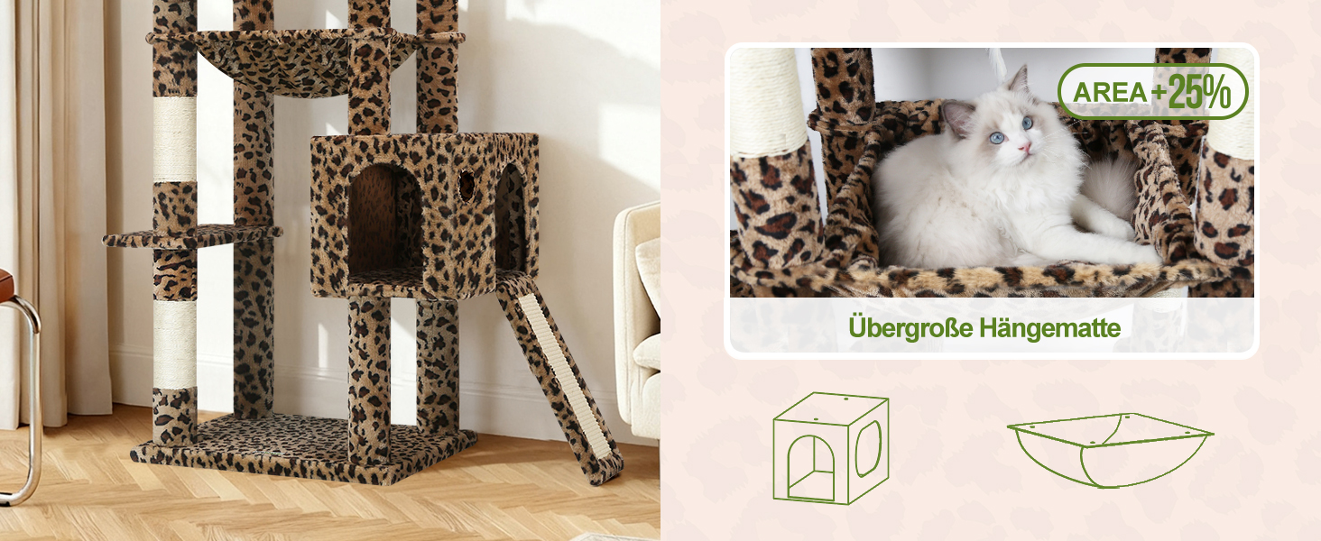 Драбина-будинок для котів Globlazer Kaktus (178 см) з гамаком, платформами, сходами з сизалю, для 2-4 котів, зелений (F70 Pro, XXL, леопардовий)