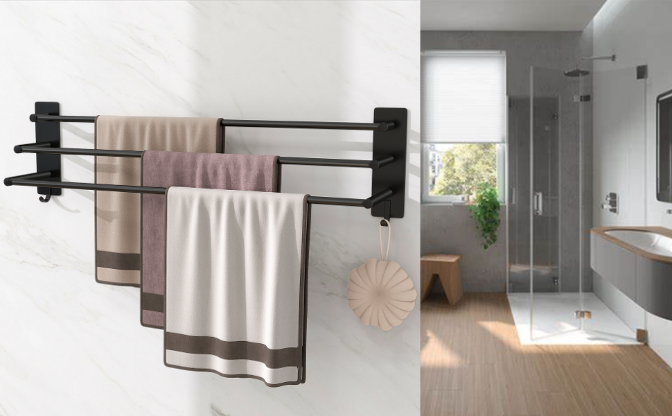 Тримач для рушників Vista з 3-ма перекладинами без свердління, SUS304 нержавіюча сталь, сріблястий, з двома гачками, 75 см, для кухні, ванної, спальні