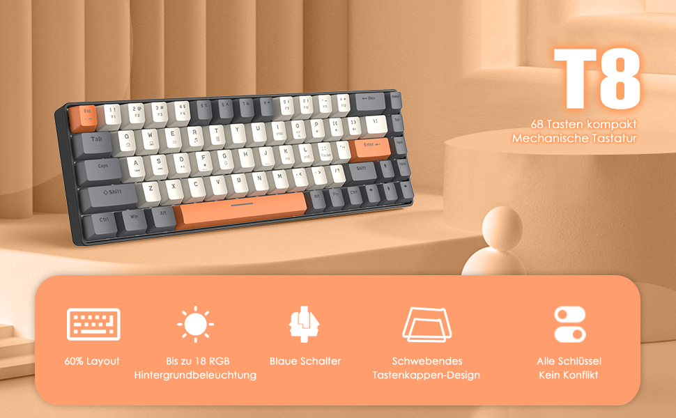 Ігровий комплект клавіатури та миші YINDIAO T8 RGB (68 клавіш) з USB-C кабелем, 6400DPI, для PC/PS5, темно-сірий