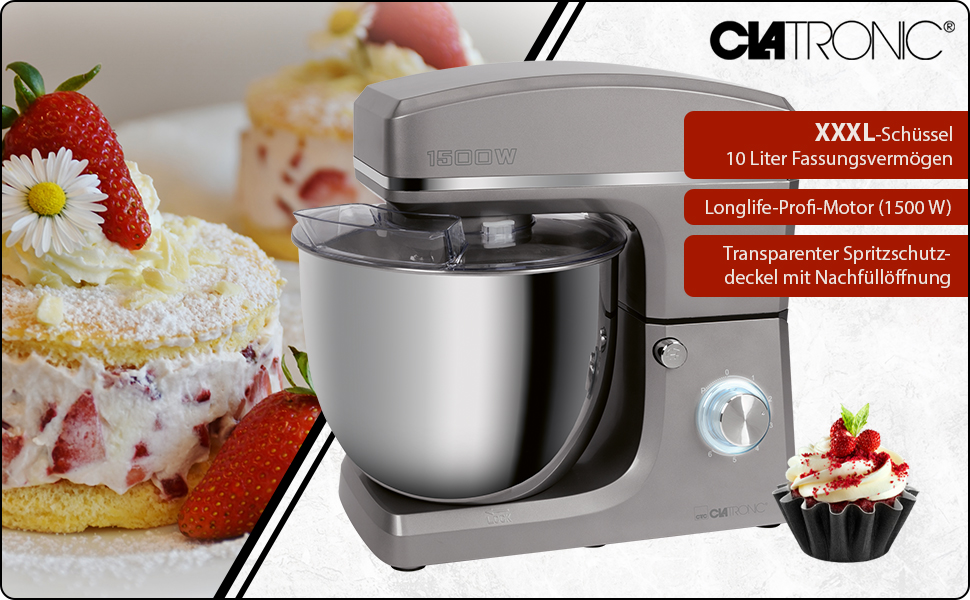 Планетарний міксер Clatronic KM 3765 XXL для випічки, чаша 10л, 1500Вт, тістомішалка з насадками та захистом від бризок (Титан)