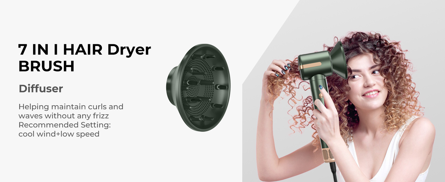 Atopskins Hairstyler: Фен-щітка 7-в-1 для створення зачісок, 110000 RPM, з іонізацією, дифузором, локонами, об'ємом, випрямленням, для волосся, зелений