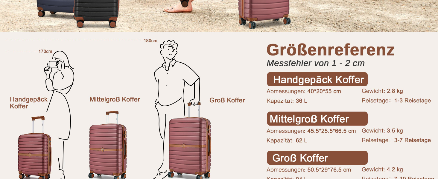 Чемодан KONO 3-в-1: ABS+PC, з коліщатками та кодовим замком (55см, ручна поклажа), червоно-коричневий