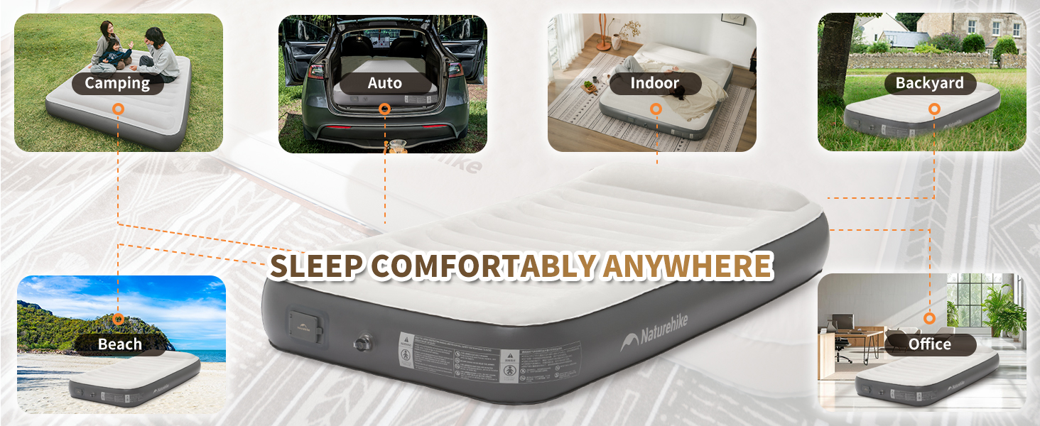 Надувний матрац Naturehike 2 персони з електричним насосом, 200x150x25 см. Самостійно надувний, преміум-якість, для кемпінгу та дому. Колір: сірий з подушками (3 персони)