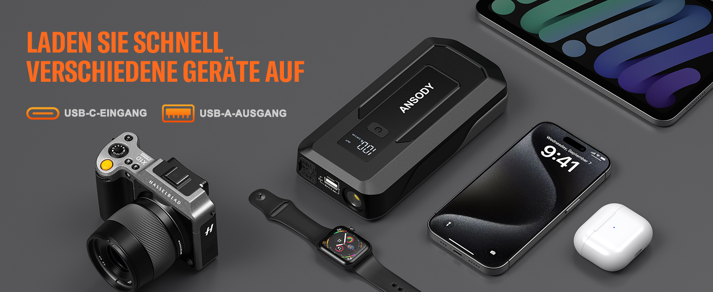 Powerbank для авто 12V Starthilfe 3000A: пусковий пристрій з LED, для бензину/дизеля (10/8L), сірий