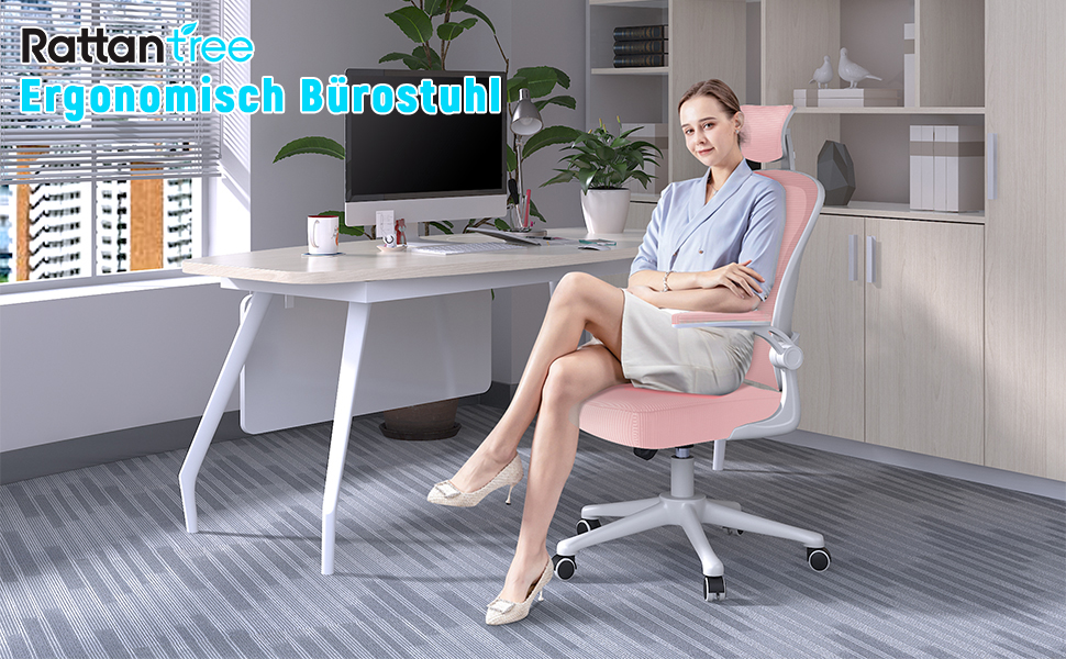 Офісний стіл Rattantree: ергономічний крісло з підтримкою попереку, регульовані підлокітники, регулювання висоти, поворотне крісло з дихаючою спинкою для офісу/кабінету (рожевий, з підголовником)