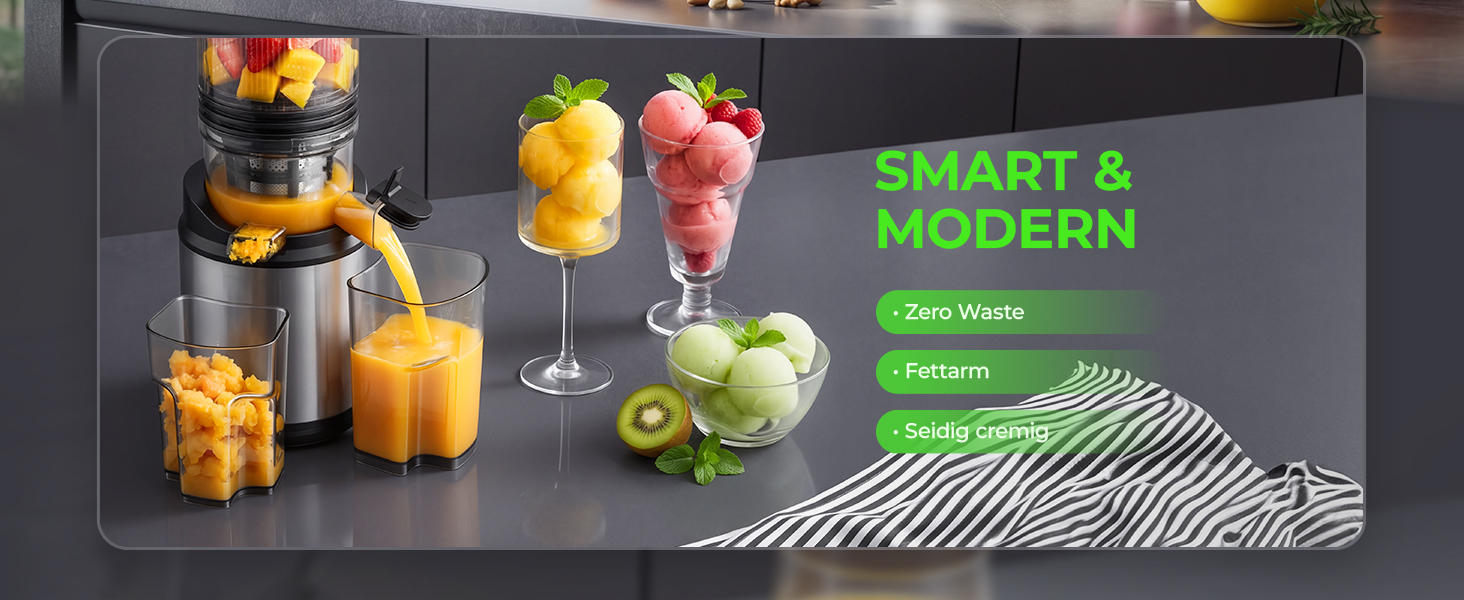 Електрична соковижималка для овочів та фруктів Slow Juicer, шнекова соковижималка для смузі та сорбету, широкий завантажувач 130 мм, 250 Вт, тиха, легка в очищенні, Titanium Gray