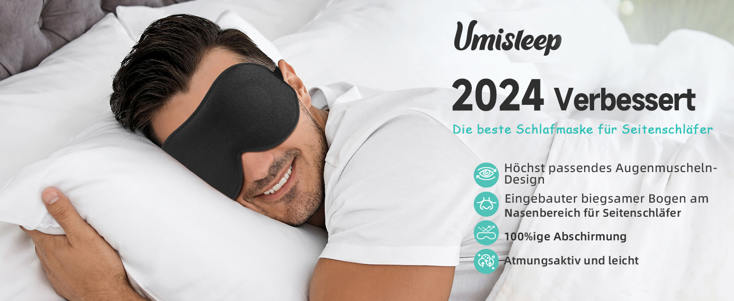 Маска для сну Umisleep для тих, хто спить на боці, з 3D-кишеньками для очей та регульованим гумовим ремінцем, блокує світло та дихає, підходить для чоловіків та жінок, для подорожей та йоги, чорна