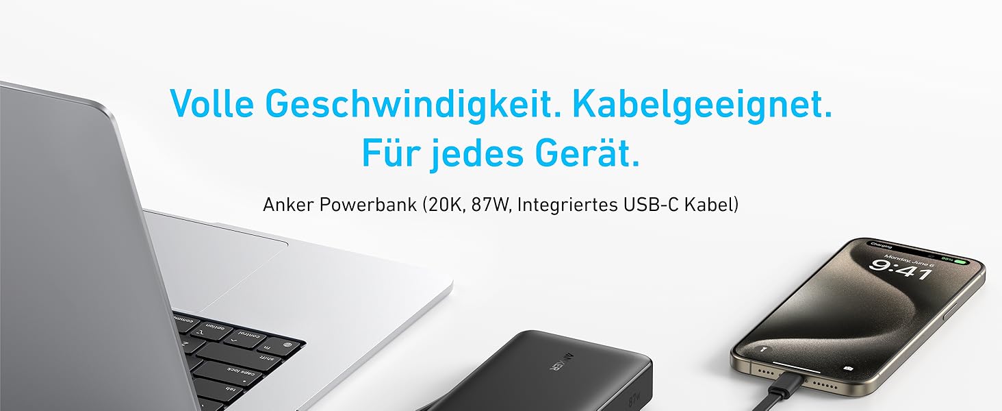 Powerbank Anker 20000mAh з вбудованим USB-C кабелем, 87W, 1 USB-C та 1 USB-A, для MacBook, iPhone, Samsung, Switch та інших пристроїв (Чорний)