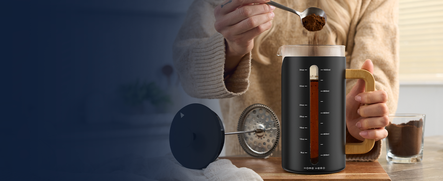 Френч-прес для кави Home Hero – 963.9 г, з бамбуковим руків'ям, скло Borosilikat, нержавіюча сталь, 4-шаровий фільтр, чорний