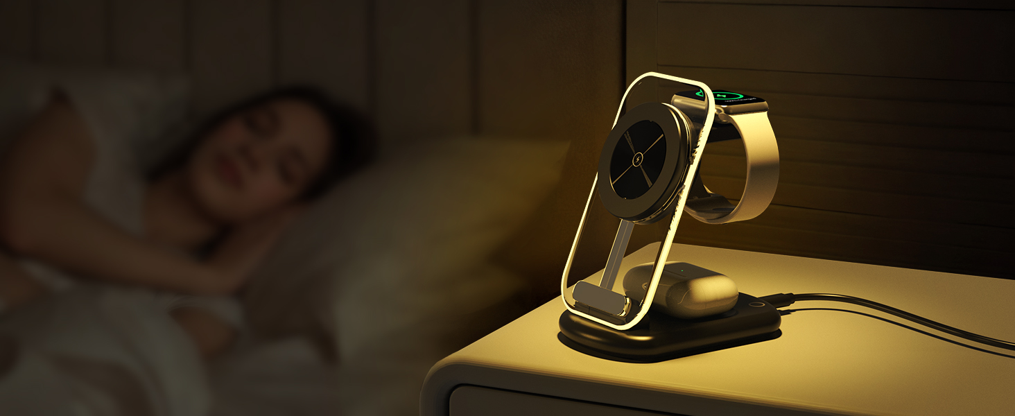 Зарядний пристрій MagSafe 3-в-1 для iPhone 17/16/15/14/13/12 Pro Max/Air/Plus/Pro та Apple Watch 10/9, AirPods 3/2/Pro, чорний