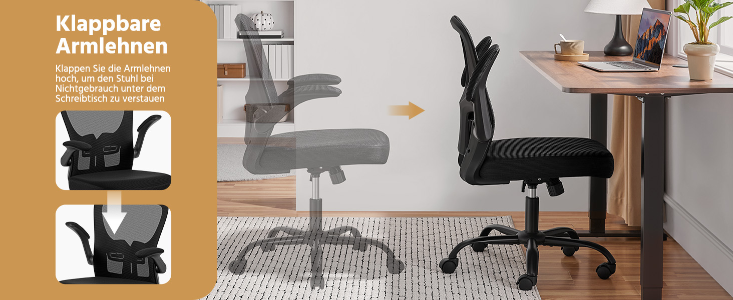 Офісне крісло Yaheetech з підйомними підлокітниками, регульованою підтримкою попереку, сітчасте крісло, ергономічне, з функцією гойдання, регульоване по висоті, чорне