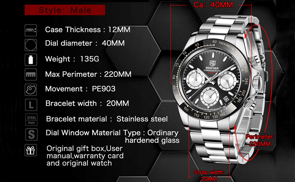 Чоловічий годинник BENYAR з кварцовим механізмом, аналоговий хронограф, бізнес-стиль, водонепроникний, з нержавіючої сталі, для відпочинку та спорту (чорний та білий)