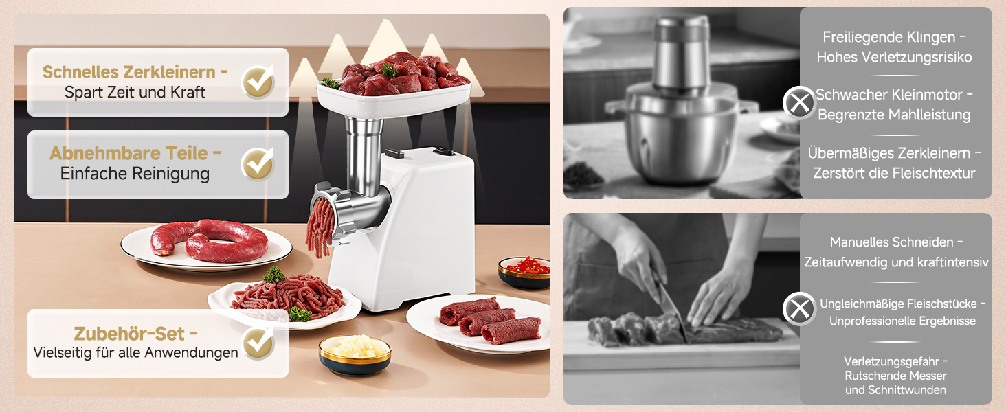 М'ясорубка електрична AMZCHEF для дому з 3 насадками, пристроєм для ковбас та набором для куббе | Ідеально для фаршу, ковбасок та домашньої кухні (біла)