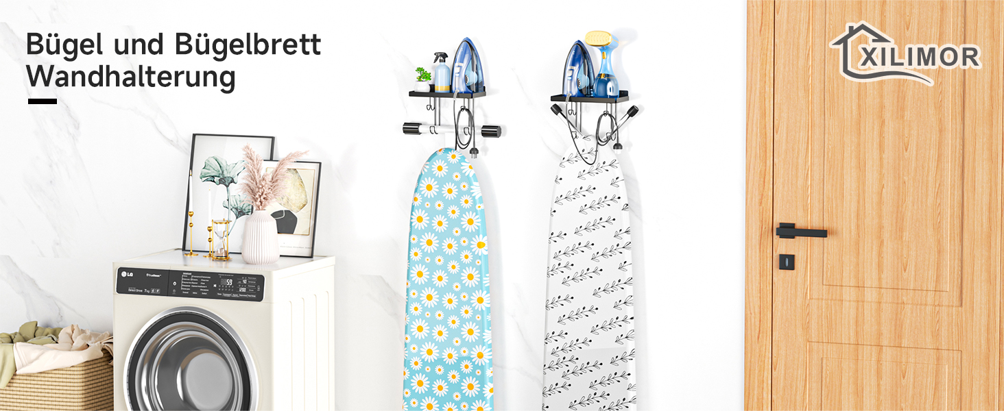 Настінна тримач для прасувальної дошки, праски та аксесуарів, чорний, металева стійка з великою полицею для прасування, Y/T-подібна форма