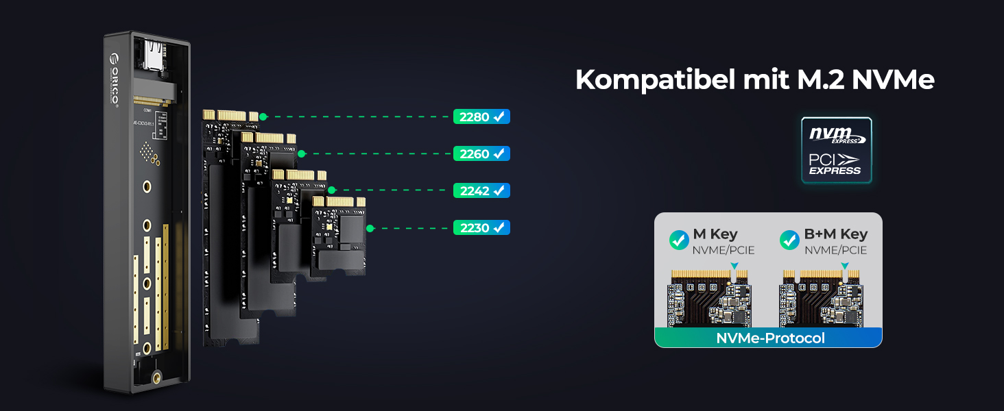 Зовнішній корпус (кейс) ORICO M.2 NVMe SSD USB-C 3.2 Gen2 10Gbps для PCIe M-Key/M+B Key (2230/2242/2260/2280), з підтримкою UASP