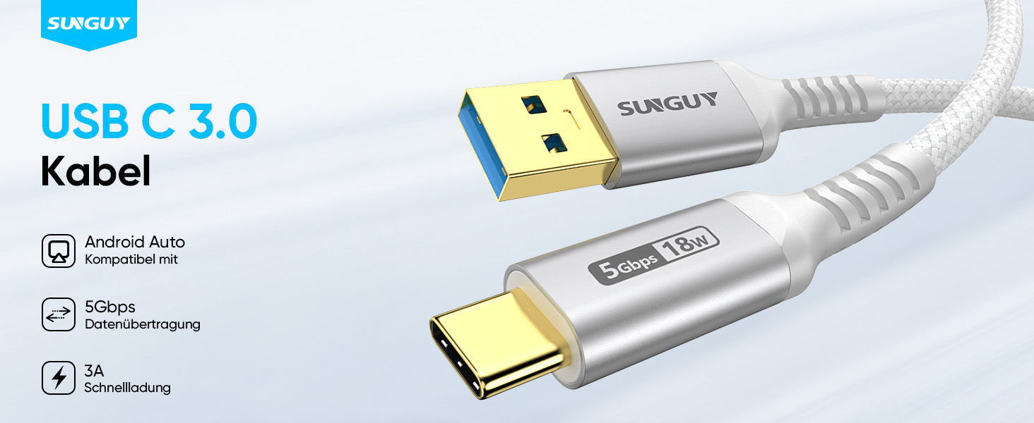 Кабель USB-C - USB 0Gbps SUNGUY, нейлонова обплітання, 3м, білий. Сумісний з iPhone, Galaxy, Android Auto (3 шт.)