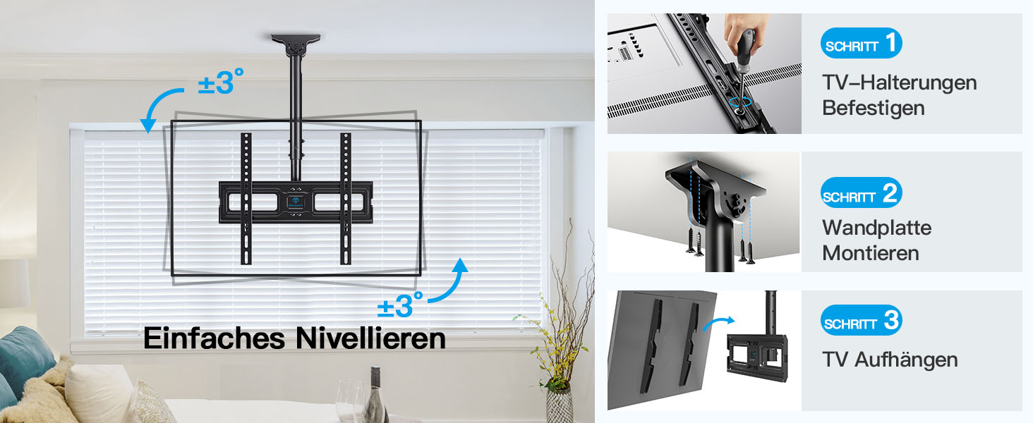 Full-Motion TV Ceiling Mount - Tilting and Swiveling, Adjustable for 26-65 inch Screens, 50kg Capacity, VESA 400x400mm