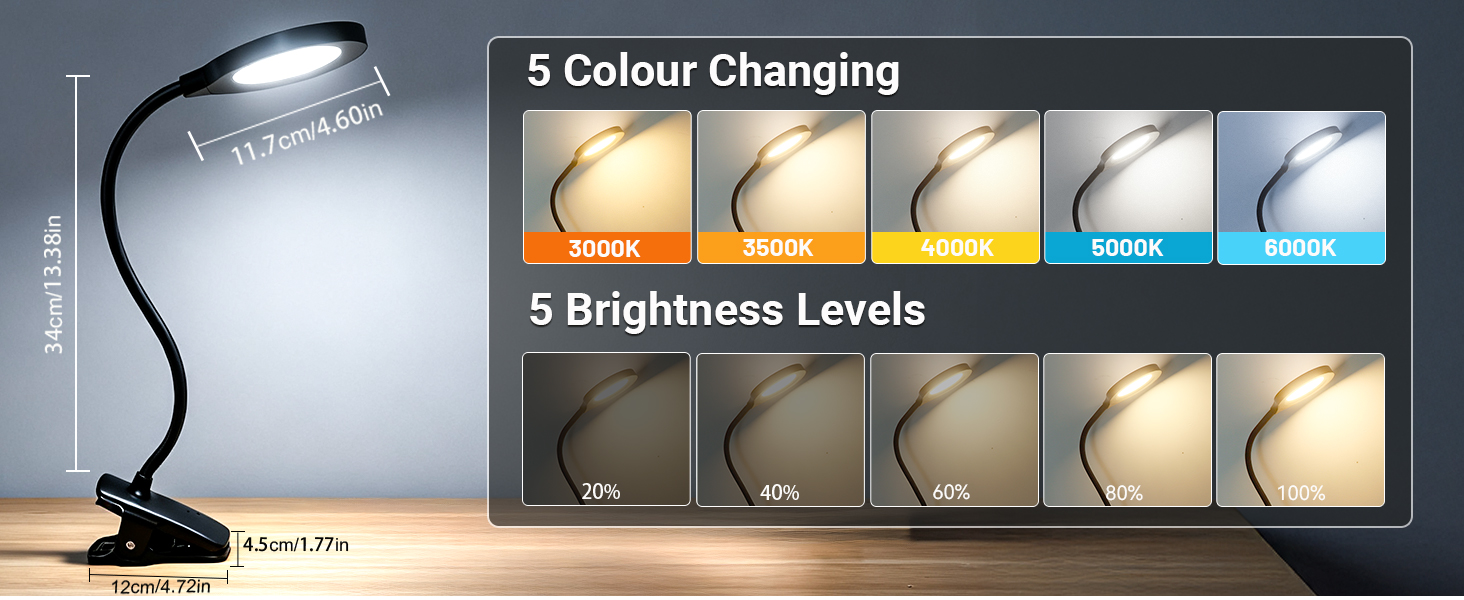 LED лампа для читання Akynite з акумулятором, 5 кольорів та 5 рівнів яскравості, кріпиться на ліжко, дитячий столик, чорна