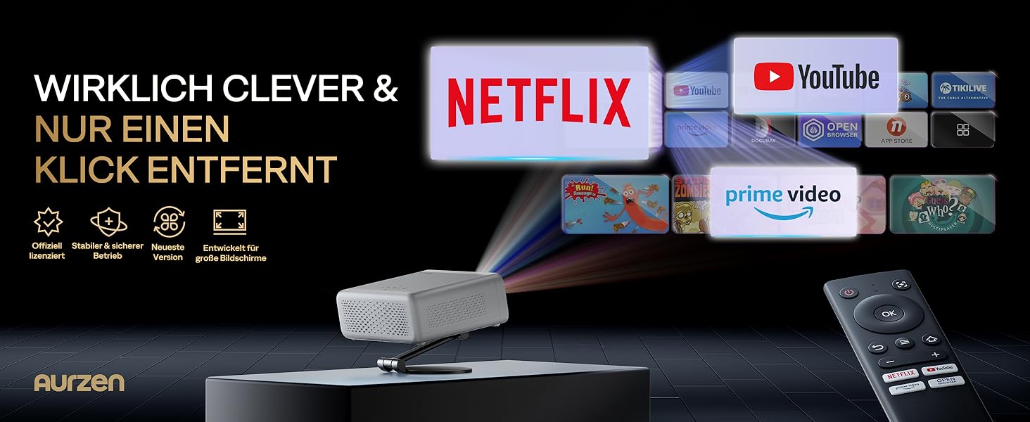 Aurzen Eazze D1 Smart Beamer: 4K проєктор для дому, Wi-Fi, Bluetooth, Netflix, Dolby Audio, автофокус, корекція трапеції, Mini проєктор, білий