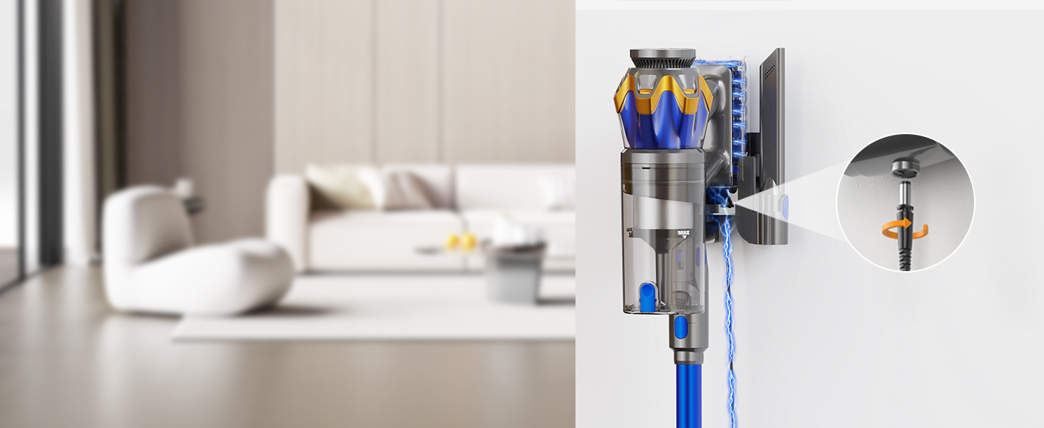 Бездротовий акумуляторний пилосос 45000 Па/550 Вт/65 хв, об'єм 1,6 л з дисплеєм, антизаплутувальною насадкою, самостійне стояння, док-станція на стіні, 8-шарова фільтрація, тиха робота, для шерсті тварин/килимів/твердих підлог/автомобіля, блакитний