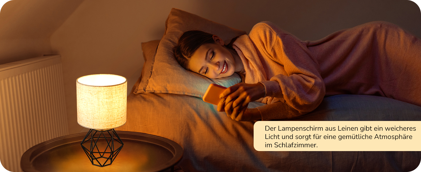 EDISHINE Настільна лампа - Сучасний індустріальний дизайн, E14 цоколь, вінтаж, для спальні/вітальні, білий & золотий (льон + чорний)