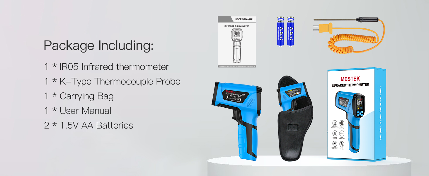 Інфрачервоний термометр MESTEK -40°C до 1600°C: цифровий лазерний вимірювач температури з K-зондом, LCD дисплеєм та сигналізацією. Підходить для кухні та промисловості.
