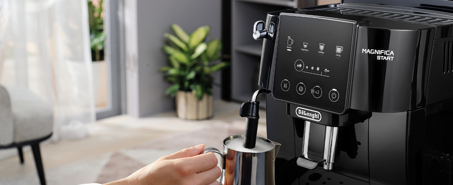 De'Longhi Magnifica Start ECAM222.20.B, fully automatic coffee machine with milk frother, for cappuccino, with espresso direct selection and 2x espresso function, 13-stage conical grinder, 1450 W, Black. Fully automatic coffee machine with touch display.