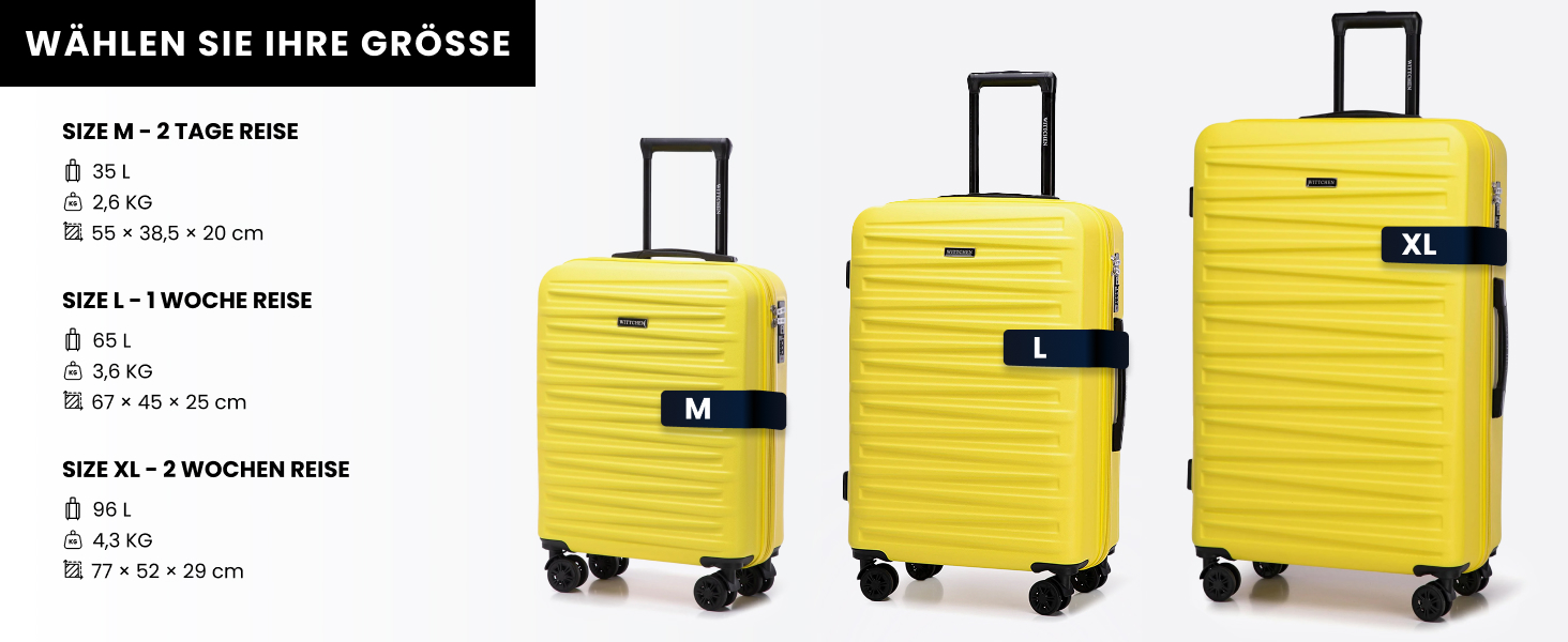 WITTCHEN Skyspeed Line: Великий валіза з жорстким корпусом ABS, 4 колеса, телескопічна ручка, комбінаційний замок, підходить для Lufthansa/Eurowings/Ryanair/Condor, жовтий (набір 3шт)