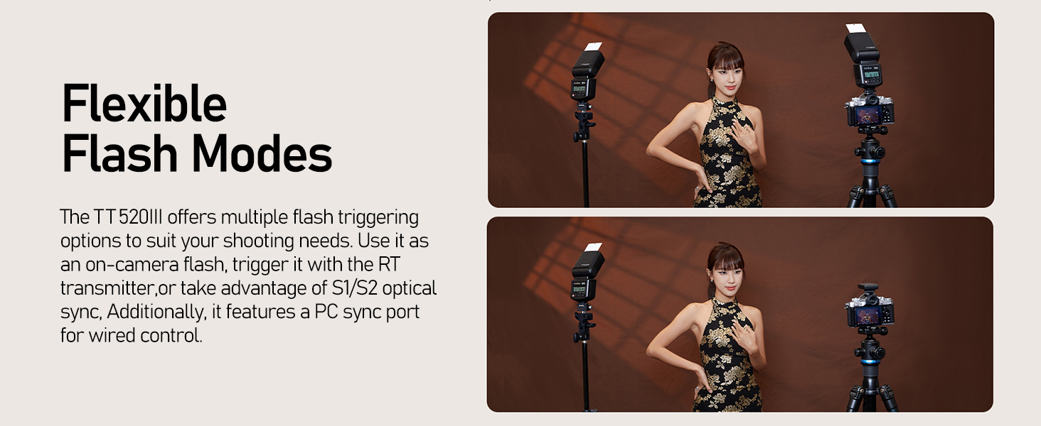 Спалах для камери Godox TT520 III з бездротовим передавачем, GN33, 433MHz, S1/S2 режими, 8 рівнів потужності, сумісний з Canon, Nikon, Pentax, Olympus, Fujifilm, Panasonic