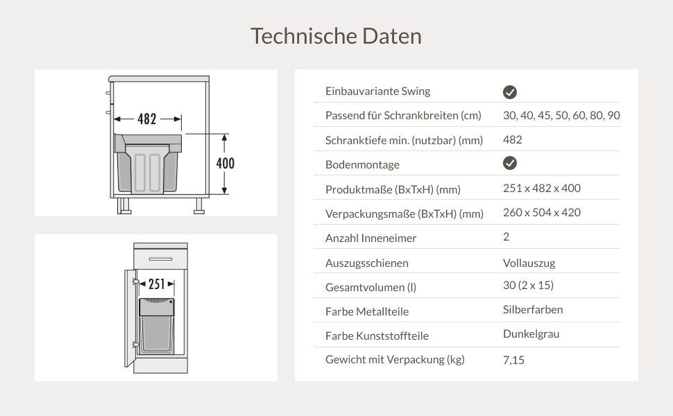 Вбудований контейнер для сміття Hailo Tandem 3666101 – система сортування сміття, 2х15л, повний висув, телескопічні направляючі, для кухонних шаф від 30 см, темно-сірий