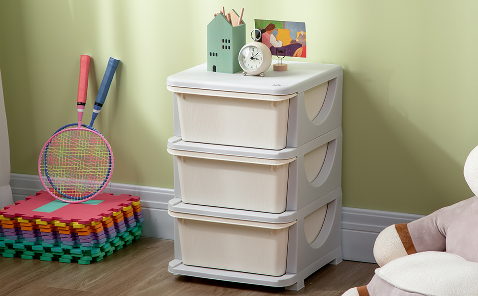 HOMCOM Kids' Storage Drawer Cabinet with Storage Boxes, Toy Organizer, Toy Chest, Three Tiers for Kids' Rooms, 3-6 Years, Children's Furniture, 37 x 37 x 56.5 cm (37L x 37W x 56.5H cm, Cream White)