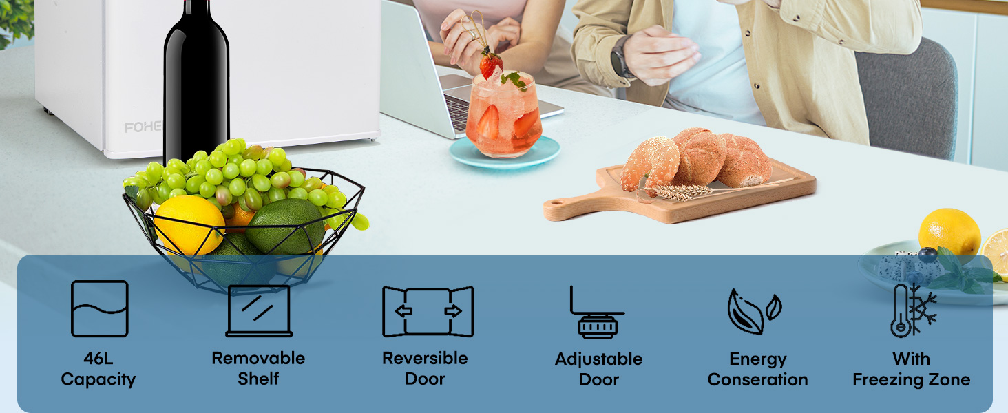 Міні-холодильник E 46L з відділенням для льоду, 42 dB, регулювання температури, енергозберігаючий, знімний дверний анфаз, для кухні, офісу, спальні, готелів та маленьких квартир (білий)