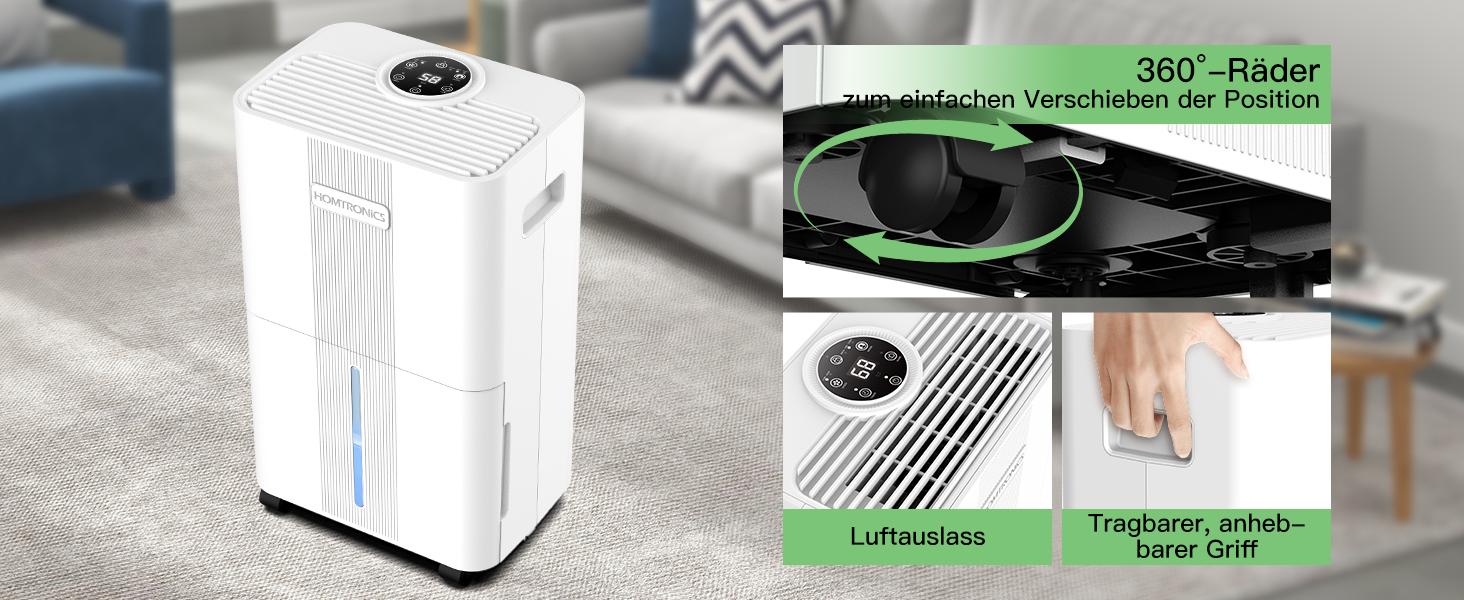 Електричний осушувач повітря Homtronics з гофрованим шлангом 1м, інтел. контроль вологості, 3 режими, таймер 24г, для підвалу, ванної, спальні